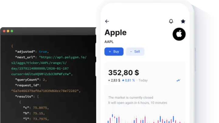 A screenshot displaying a JSON response with dividend data on one side and a graphical user interface presenting the same information, illustrating the types of applications you can build with Polygon.io data